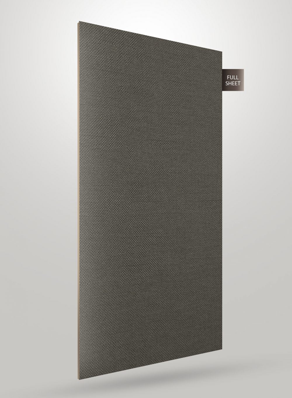 Grey matte laminate sheet with textured pattern and subtle sheen, displayed as full sheet with visible edge detail