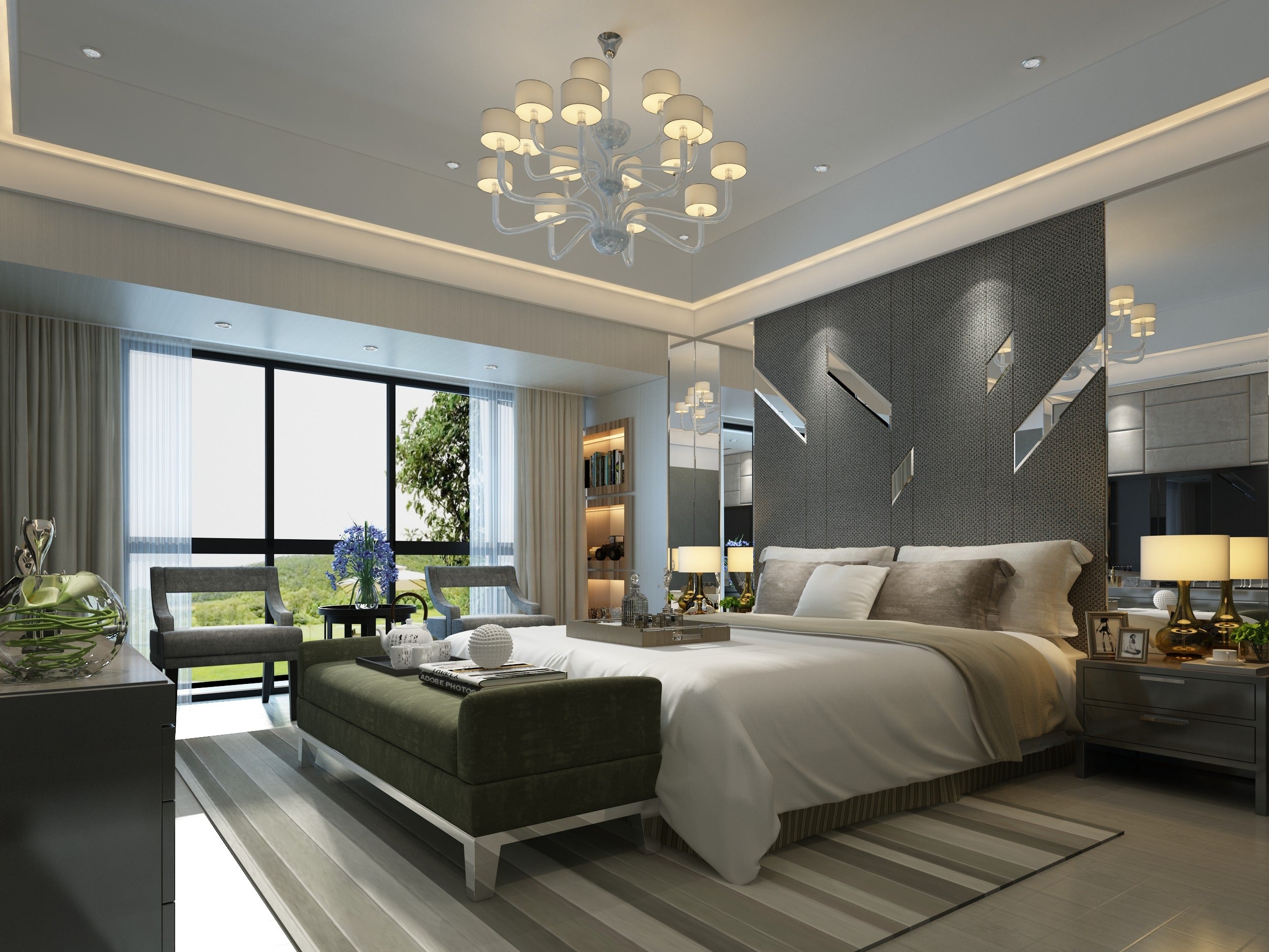 Grey patterned laminate wall in modern bedroom with textured finish and matte sheen, enhancing interior decor with subtle