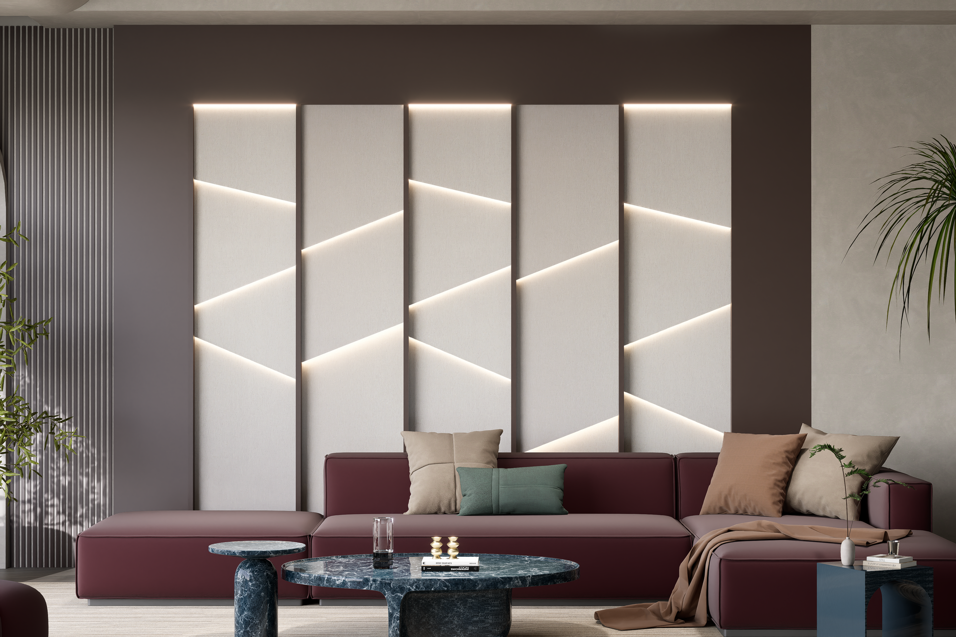 Matte fabric laminate wall panels with diagonal pattern and backlighting in modern living room interior design.