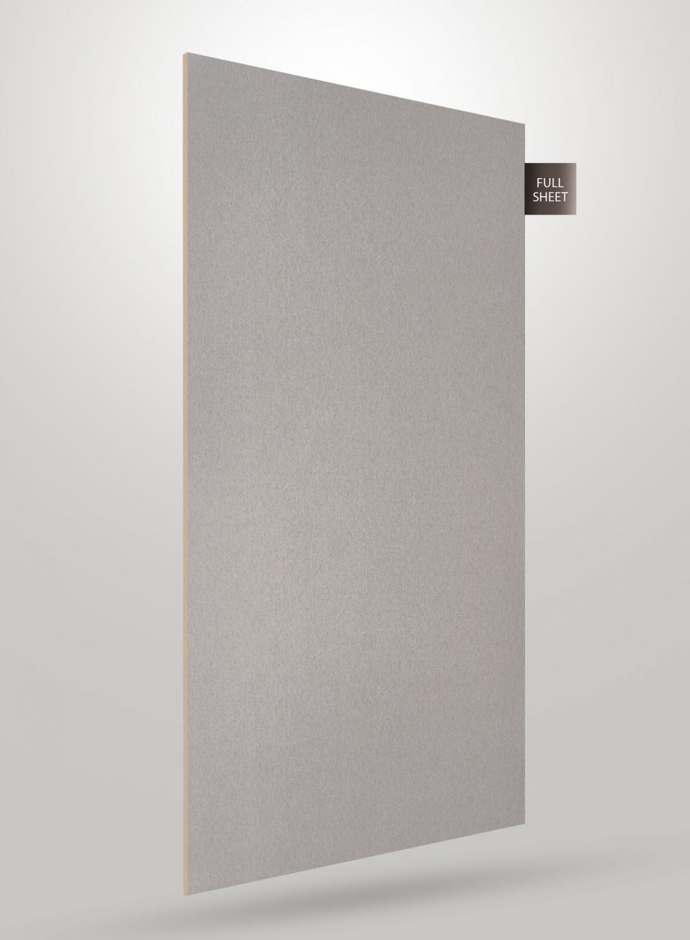 Grey matte laminate sheet with fabric texture and smooth edge, displayed at an angle with full sheet label.