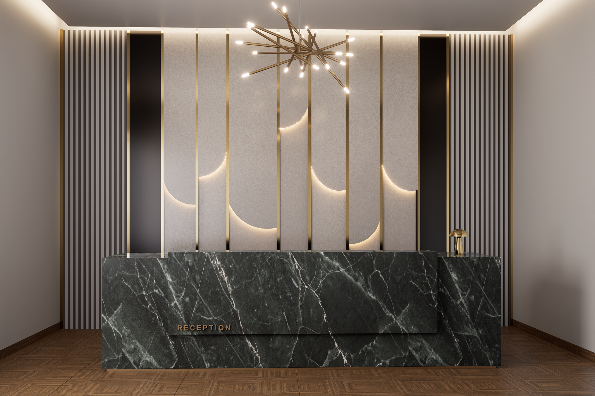 Grey fabric laminate with matte finish used on wall panels in a modern reception area with gold accents and marble counter.