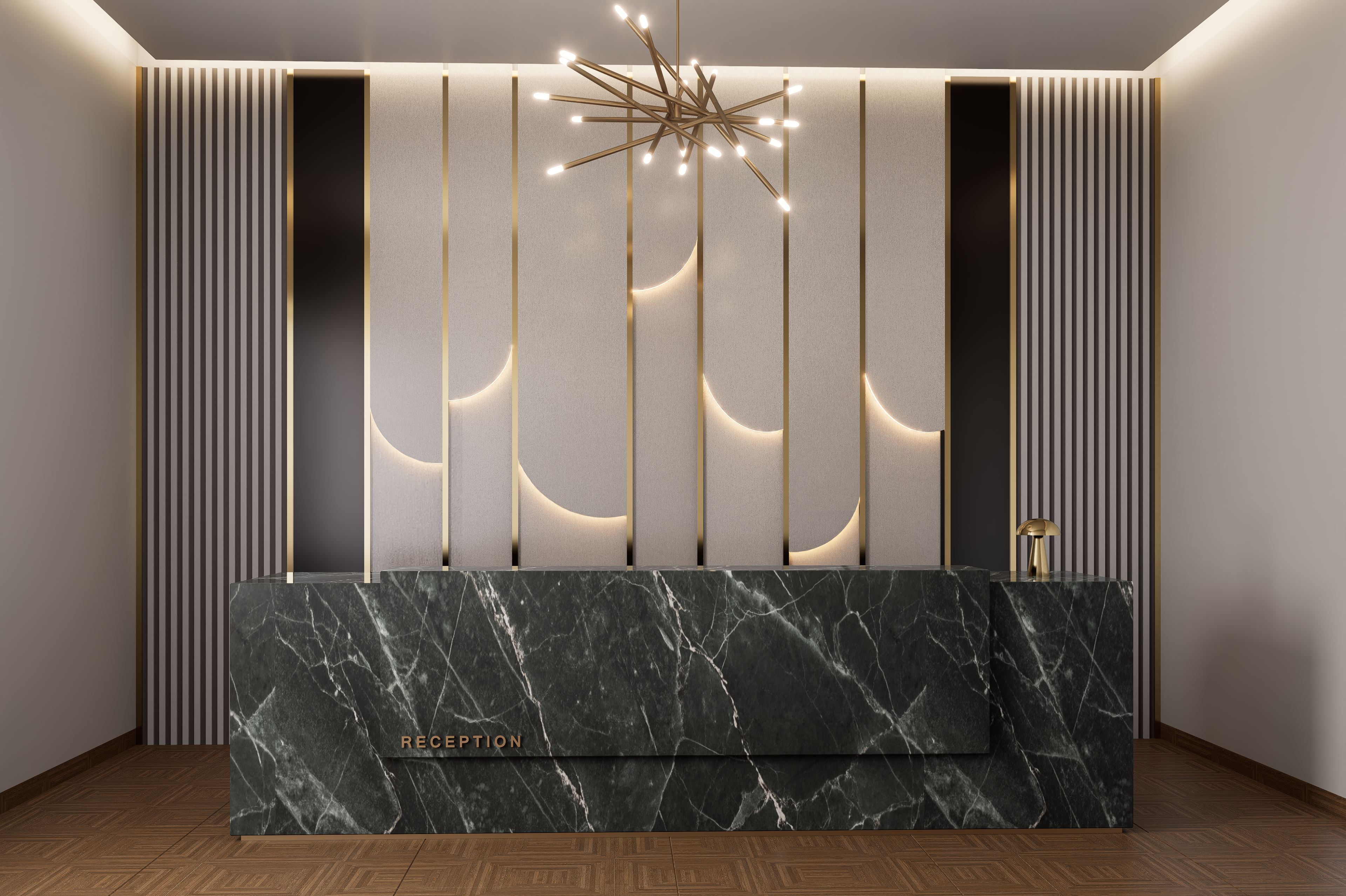 Grey fabric laminate with matte finish used on wall panels in a modern reception area with gold accents and marble counter.