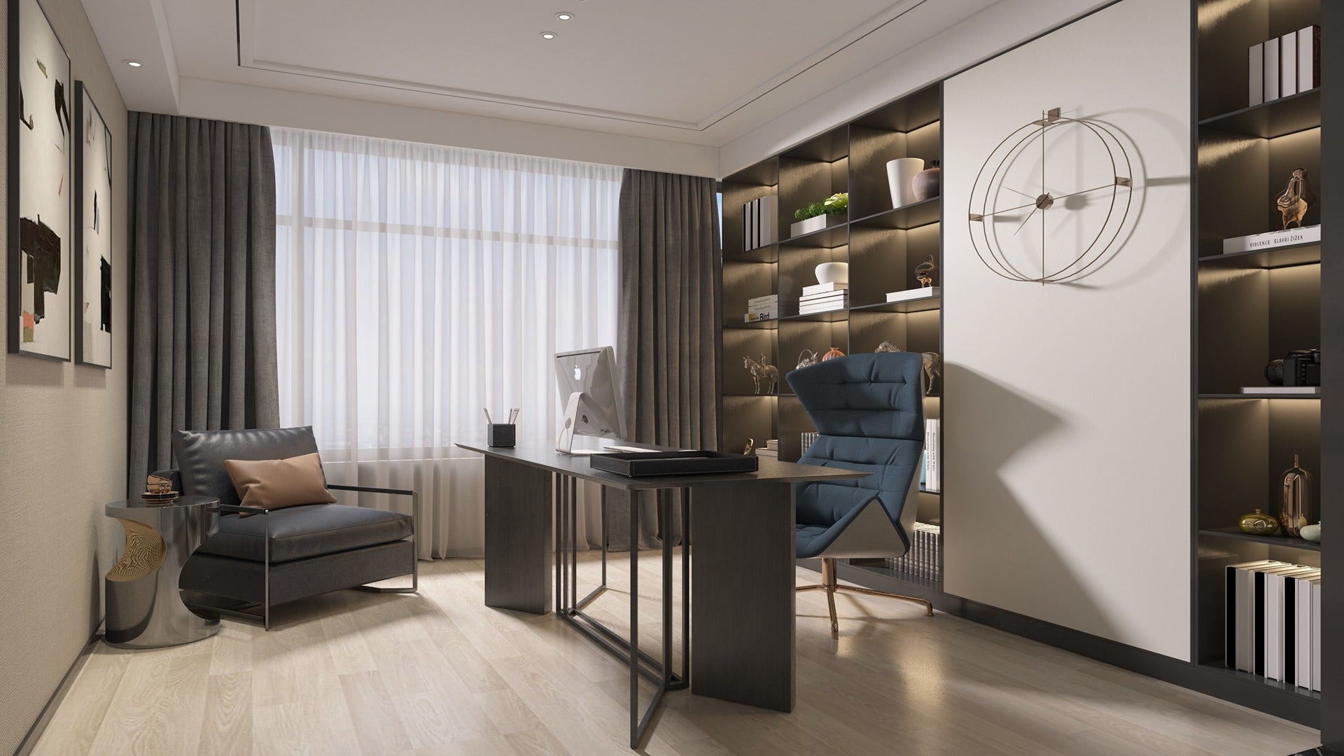 Ivory matte laminate used in modern office decor with dark furniture and shelves, showcasing its solid color and subtle