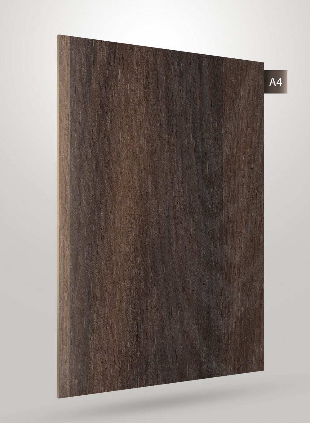 Dark brown wood grain decorative laminate with matte finish and visible wood texture, code A4.
