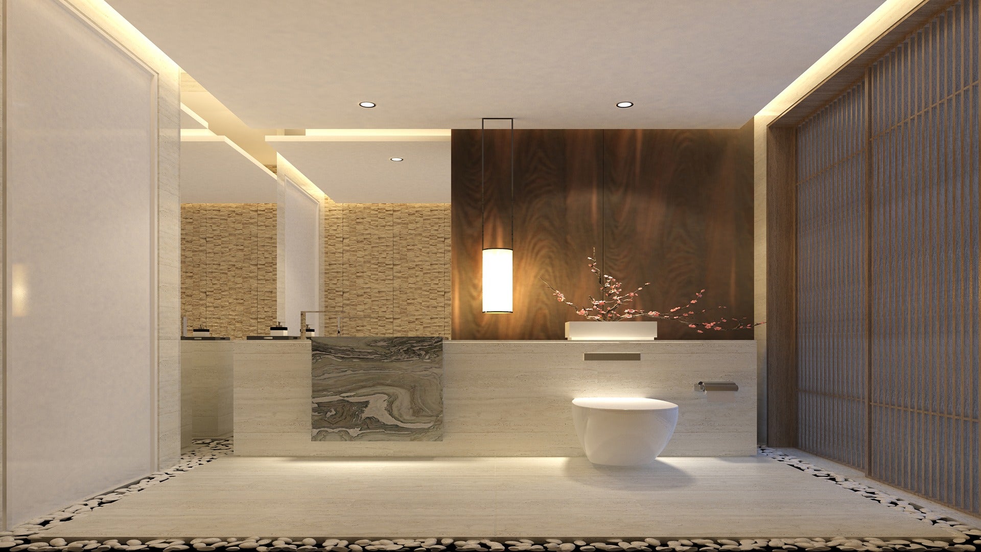 Dark wood laminate wall with wood grain pattern in modern bathroom interior with marble countertop and minimalist decor