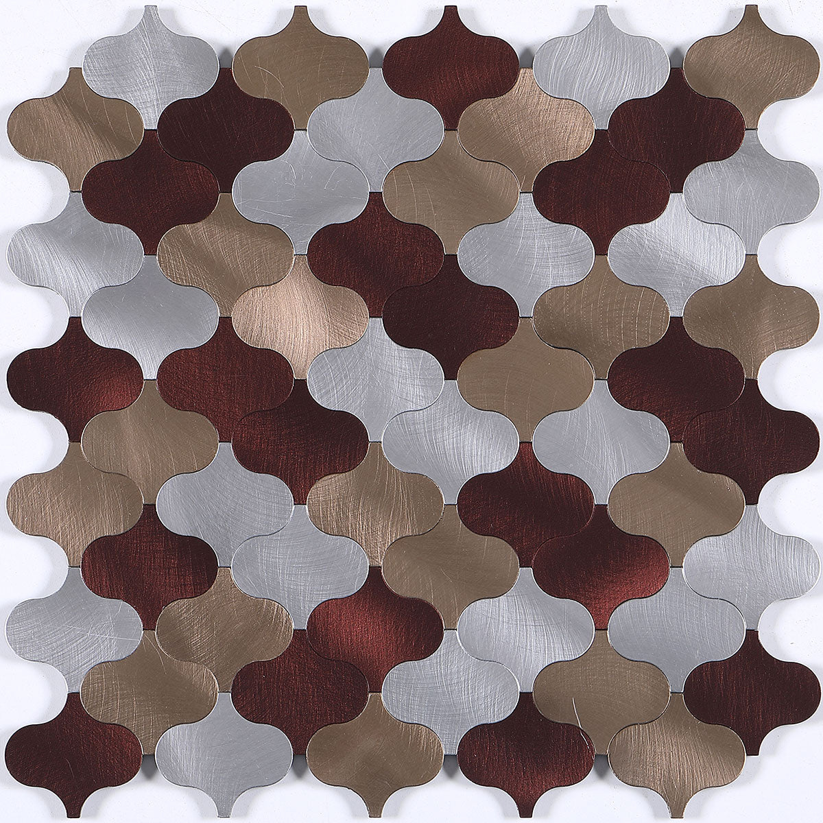 Multi-colored designer louvers with textured trefoil pattern in silver, brown and dark red hues on a white background