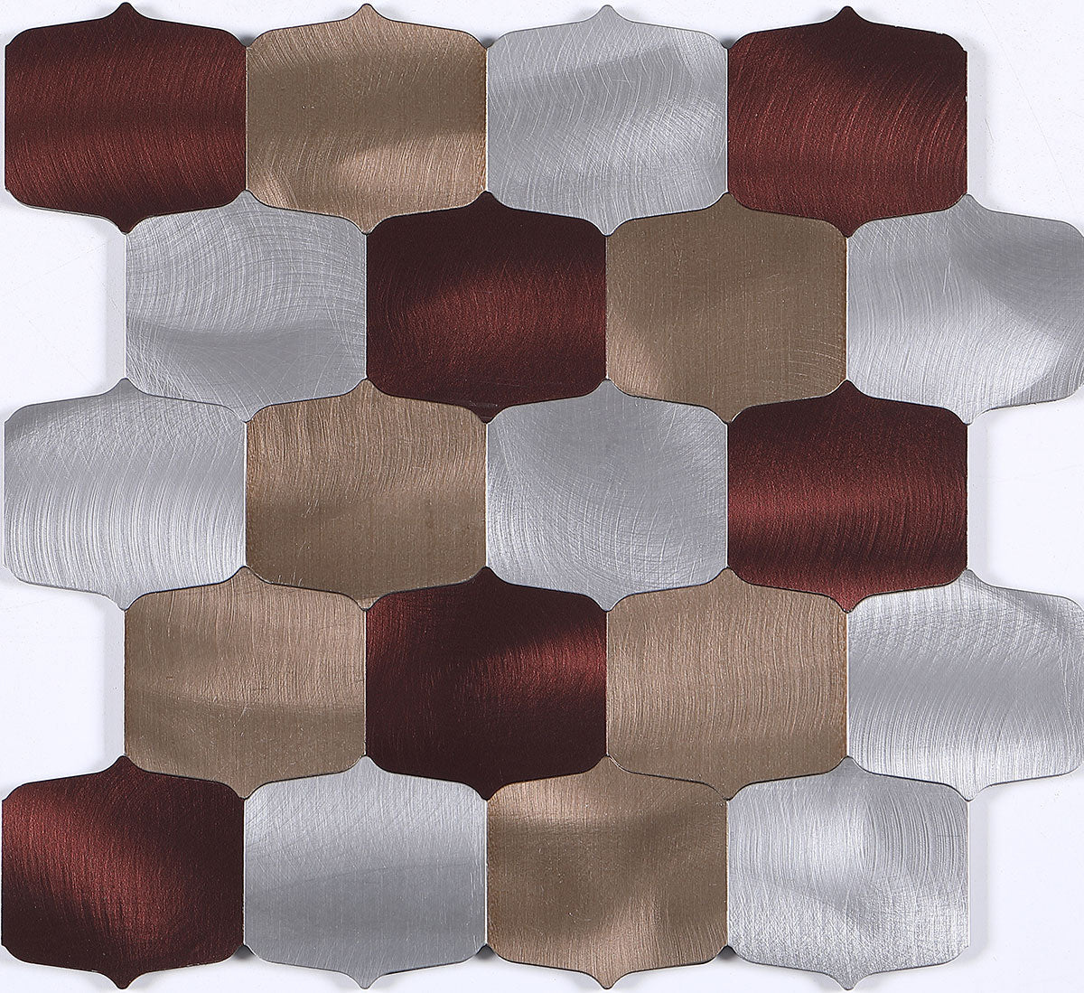 Silver metallic louver panel with textured finish and brushed pattern, arranged in a honeycomb design with varied color