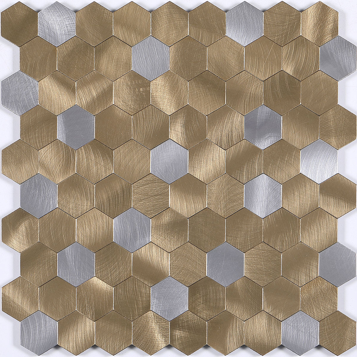 Gold metallic louver panel with textured hexagonal pattern and brushed finish, featuring scattered silver accents.