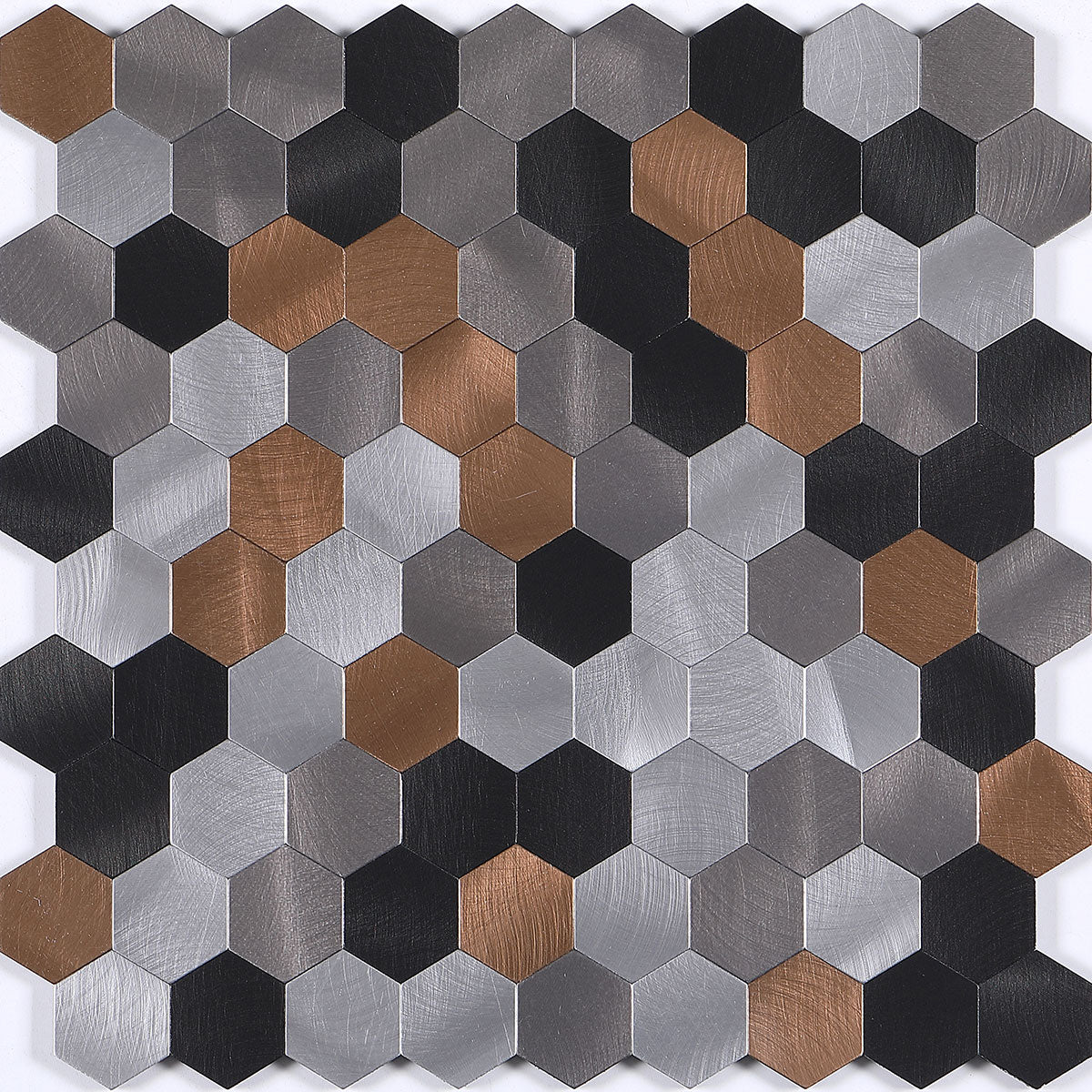 Metallic louver panel with textured hexagonal pattern in silver black and bronze colors on a white background