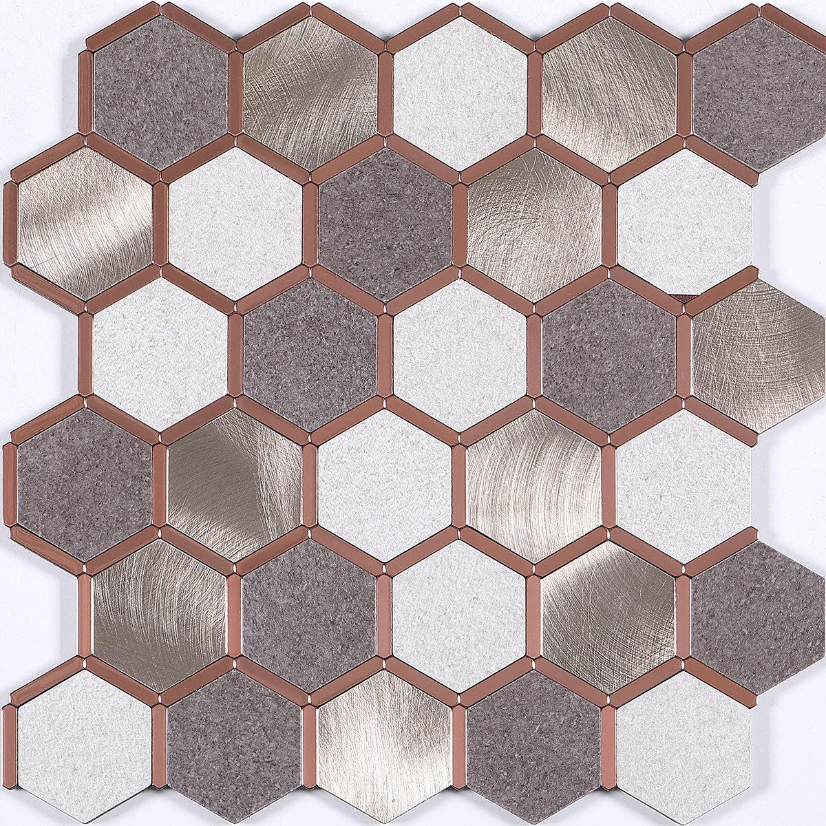Multicolored hexagonal louver panel with varied textures and metallic sheen, featuring copper borders and mixed matte and