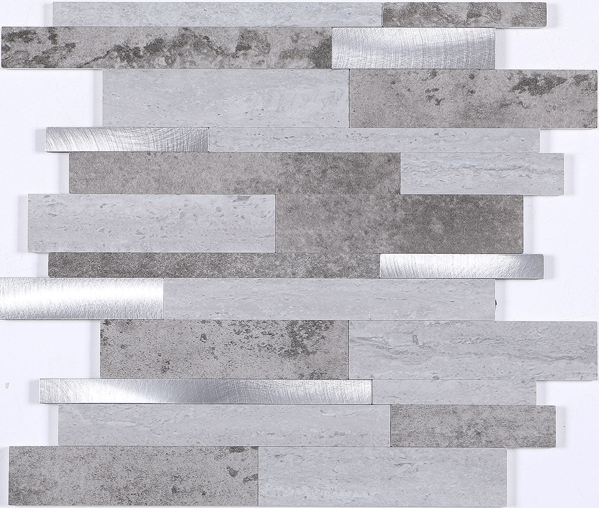 Multicolored textured designer louvers with varied stone-like patterns and metallic accents in a staggered arrangement.