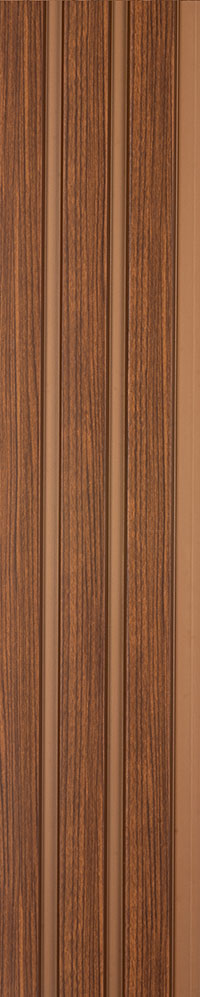 Brown wood grain louver panel with textured finish and vertical slats, showcasing natural wood pattern and subtle sheen.