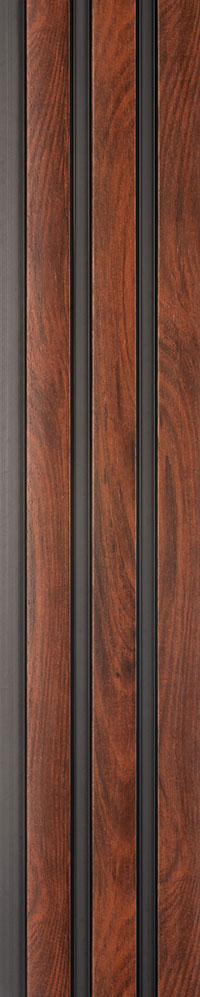 Brown wood grain louver panel with textured finish and visible wood pattern on vertical slats with dark gaps