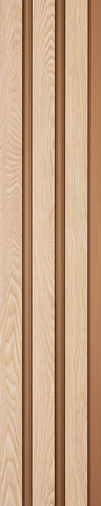 Beige wood grain louver panel with textured finish and vertical slats showing wood pattern and brown separators between slats