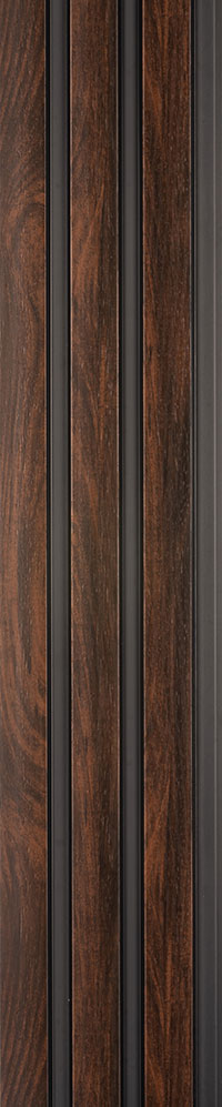 Brown wood grain louver panel with textured finish and dark vertical slats showing wood pattern and grain details