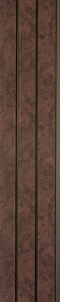 Brown wood grain texture on vertical louver panels with textured finish and visible wood pattern.