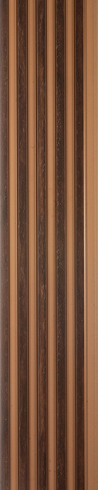 Brown wood grain louver panel with textured finish and vertical slats in varying shades of brown and beige tones.
