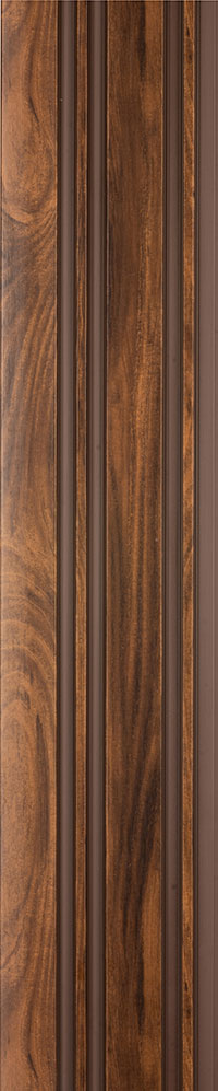 Brown wood louver panel with textured wood grain finish and raised vertical slats.