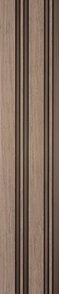Brown wood louver panel with textured wood grain finish and vertical slats.