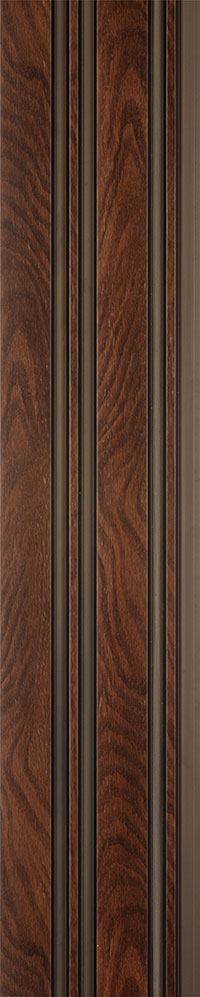 Brown wood grain louver panel with textured finish and raised slats showing wood pattern and dark brown color variation