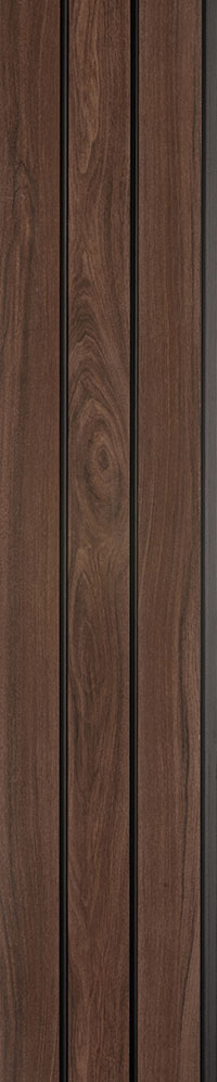 Brown wood grain louver panel with textured finish and dark gaps between vertical slats showing wood pattern and texture
