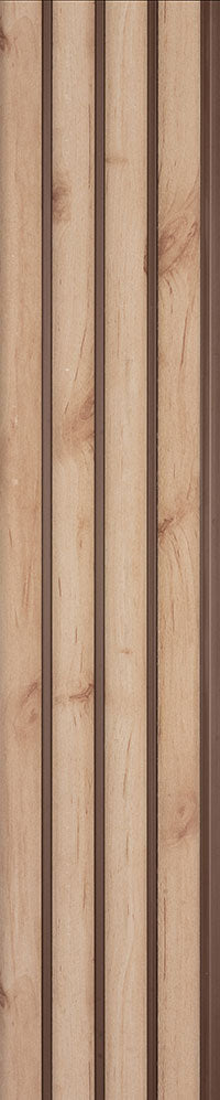 Beige wood louver panel with textured wood grain finish and vertical slats