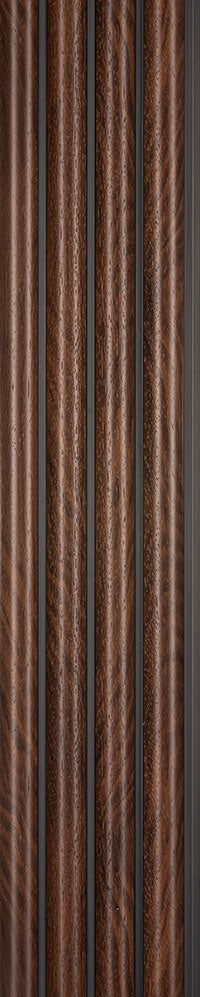 Brown wood grain louver panel with textured finish and vertical slats.
