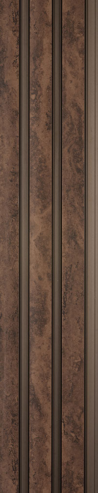 Brown wooden louver panel with textured finish and dark brown grain visible on vertical slats