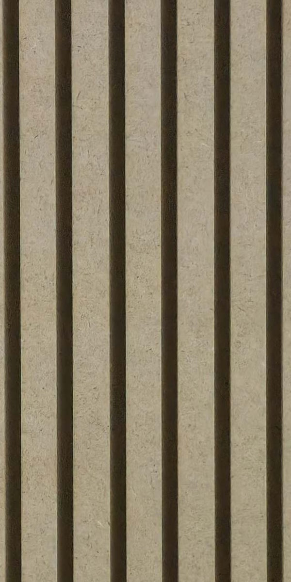 Beige fluted wall panel with matte finish and textured surface showing vertical grooves and rough material grain