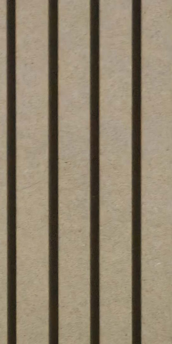 Beige fluted wall panel with matte finish and textured surface showing vertical grooves and rough grain.
