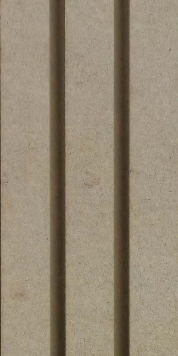 Beige matte wood louver panel with textured surface and vertical slats, showing wood grain pattern and subtle sheen.