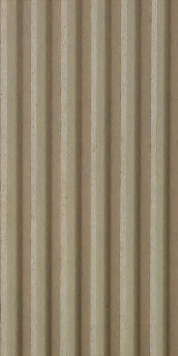 Beige fluted wall panel with matte finish and vertical ridges, showcasing textured surface and uniform pattern.