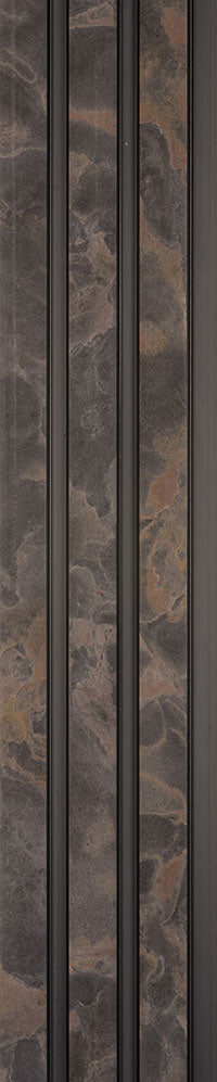 Brown marble louver panel with textured finish and swirling pattern on vertical slats