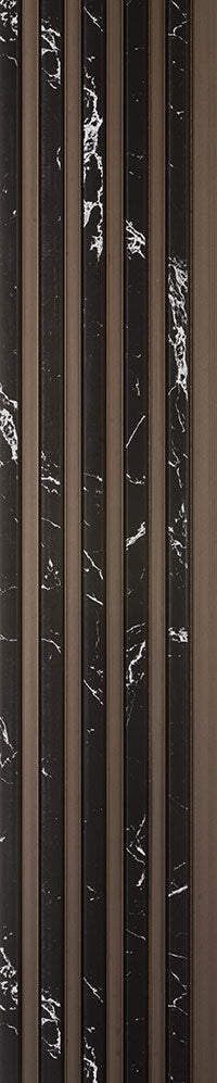Brown wood louver panel with textured finish and marble pattern inserts featuring white veining on black background