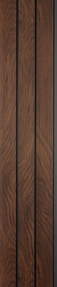 Brown fluted louver panel with textured finish and vertical ridges, showcasing a dark brown wood grain pattern.