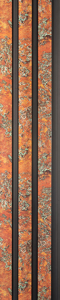 Orange marble texture louver panel with vertical slats and black frame, showing stone pattern and textured finish.