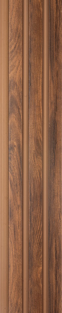 Brown wood louver panel with textured wood grain finish and vertical slats
