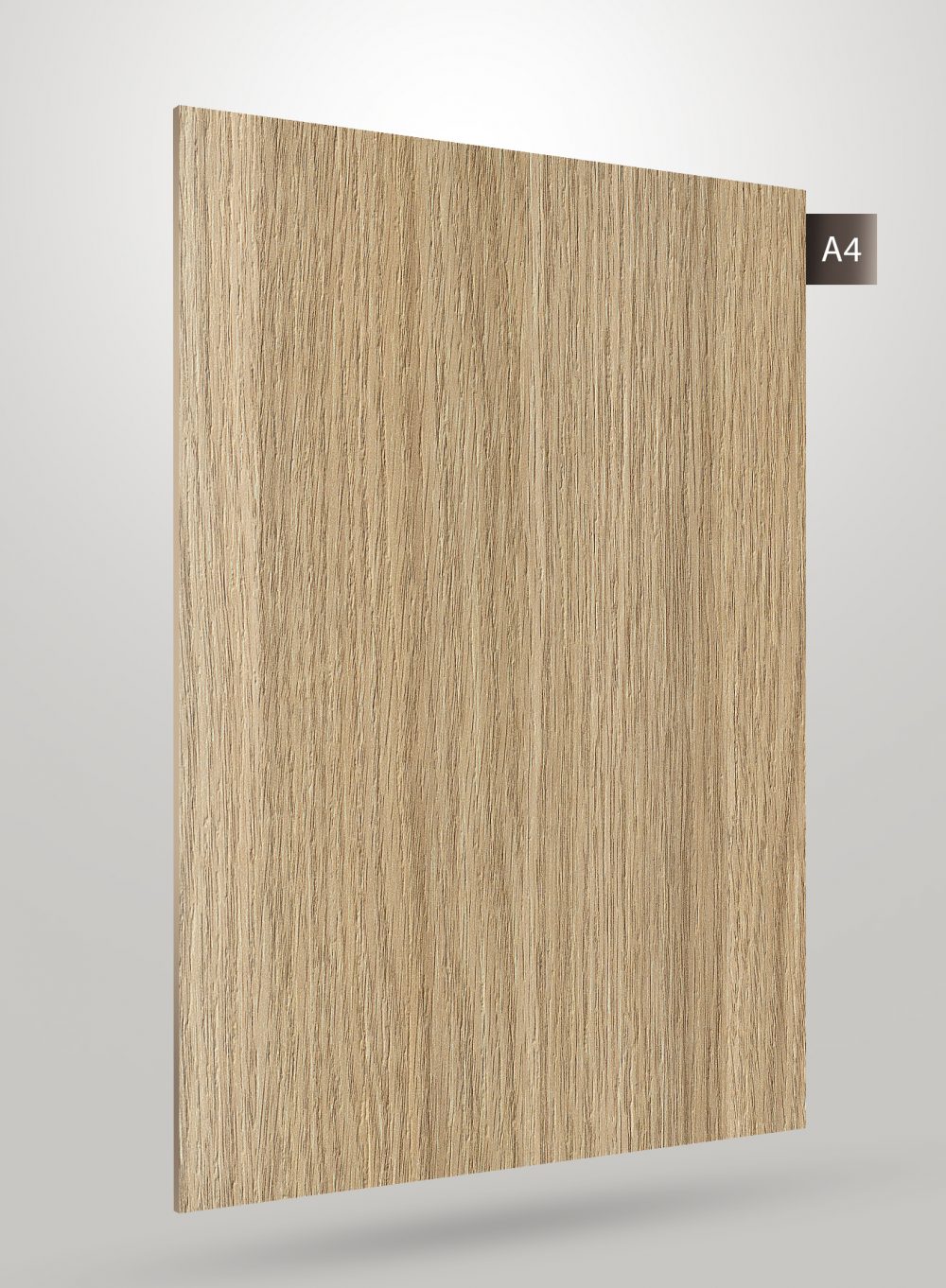 Wood grain decorative laminate with matte finish and vertical wood texture pattern, light brown color.
