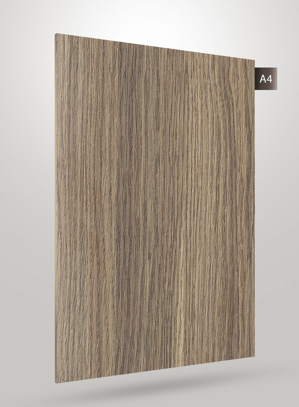 Brown wood grain decorative laminate with matte finish and vertical wood texture pattern on a square sample.