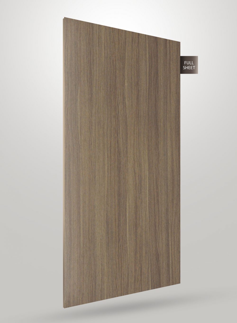 Brown wood grain laminate sheet with matte finish and vertical grain pattern displayed at an angle.