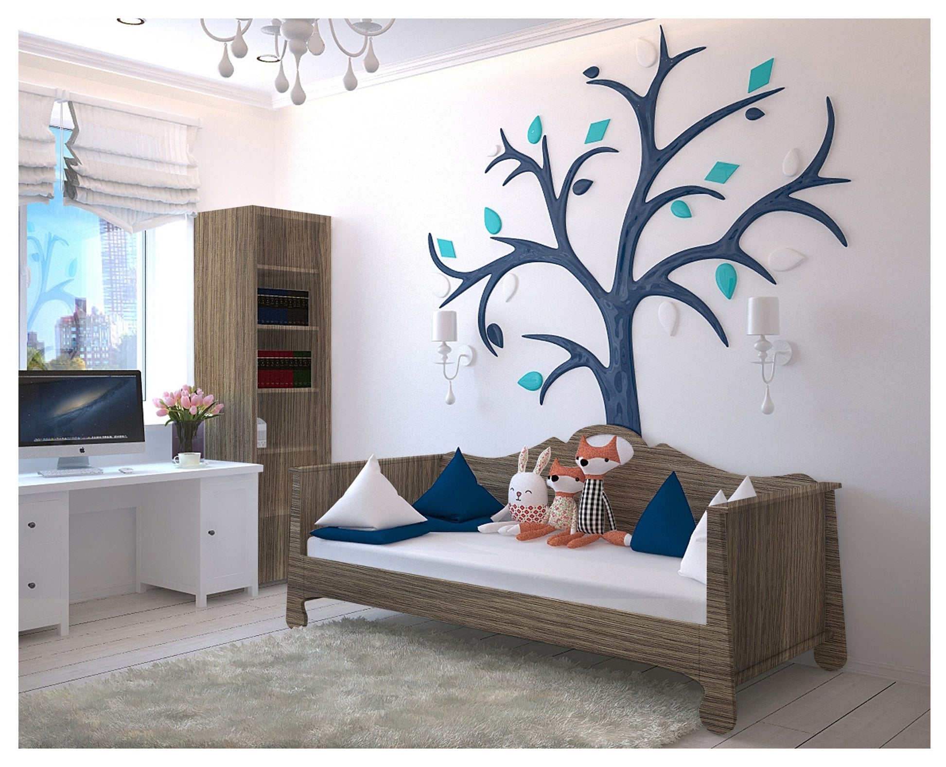Wood grain laminate sofa and bookshelf in a child's bedroom with blue tree wall decal and plush toys