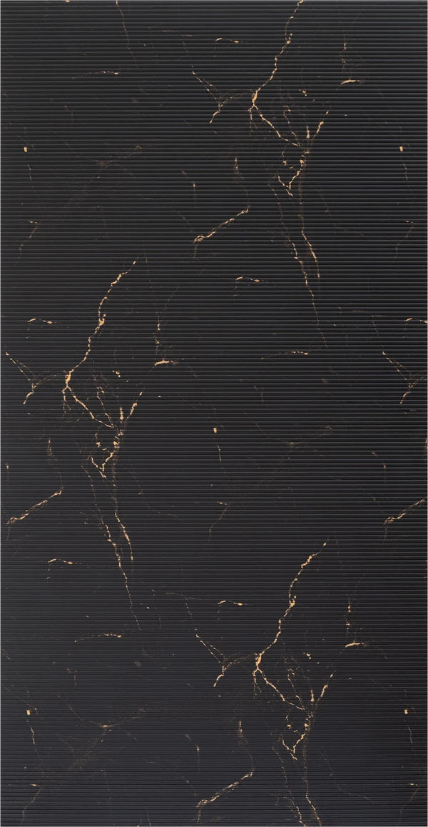 Brown fluted louver panel with matte finish and horizontal ridges, featuring a marble pattern with gold veining.