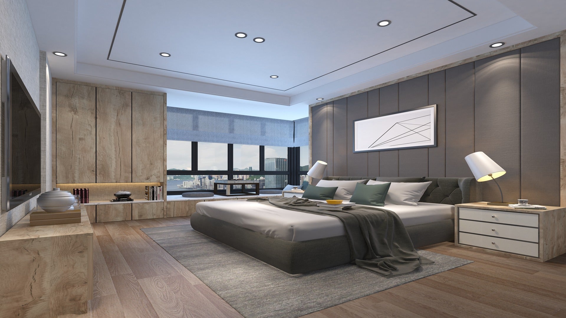 Wood laminate bedroom interior with matte finish, wood grain texture, and light brown color on furniture and flooring.