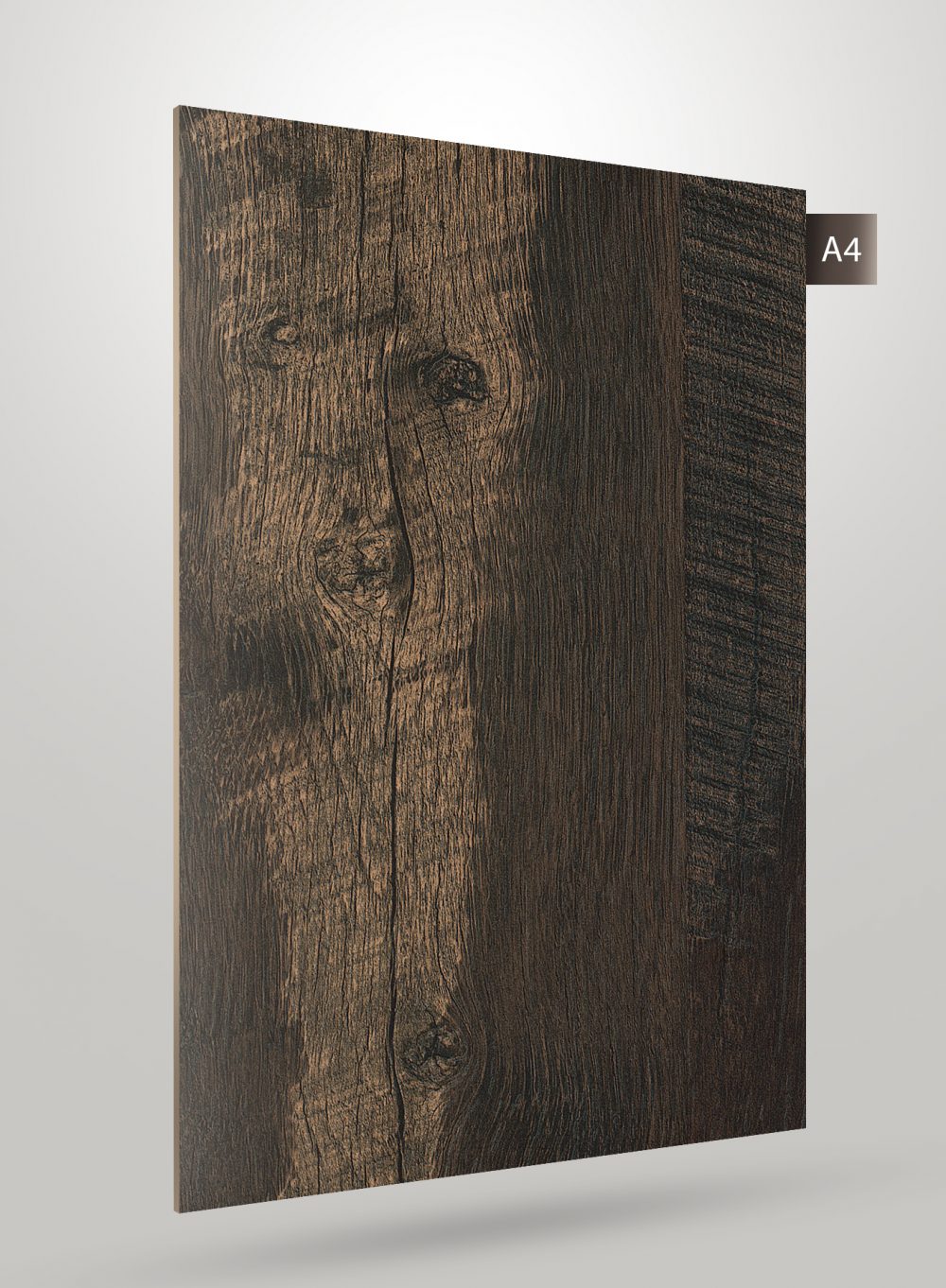 Brown wood grain decorative laminate with matte finish and textured surface showing knots and wood pattern details