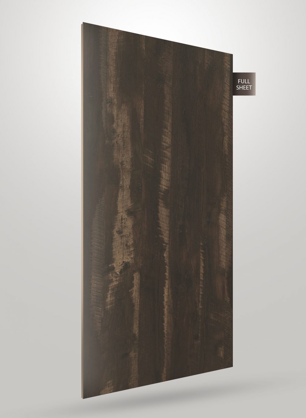 Dark brown wood grain decorative laminate with matte finish and visible texture, showing a full sheet.