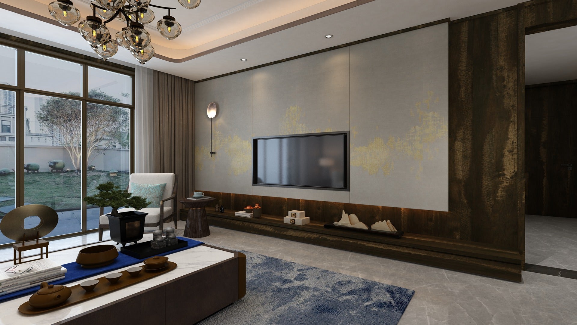 Brown wood laminate wall panel with matte finish and wood grain texture in modern living room interior design setting