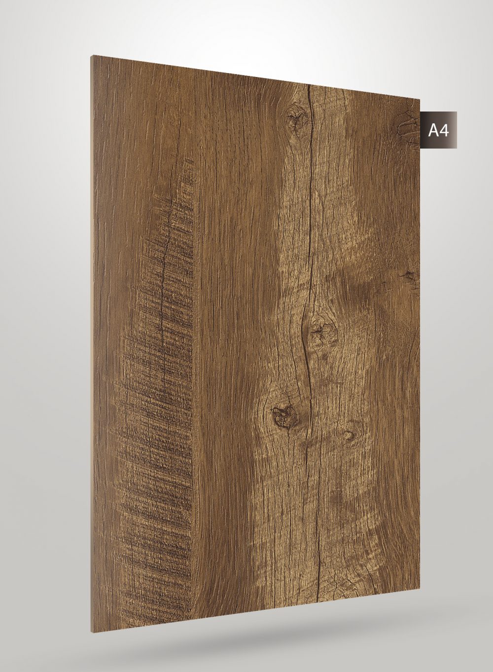 Brown wood grain decorative laminate with matte finish and textured surface showing natural wood pattern and knots.