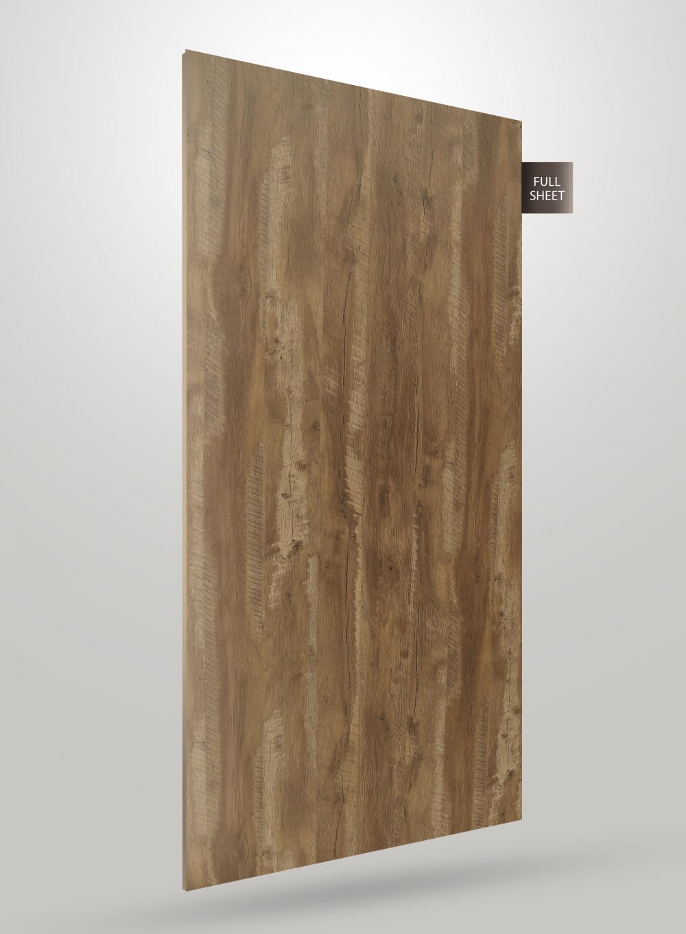 Brown wood grain laminate sheet with matte finish and visible texture, displaying a natural wood pattern and knots.