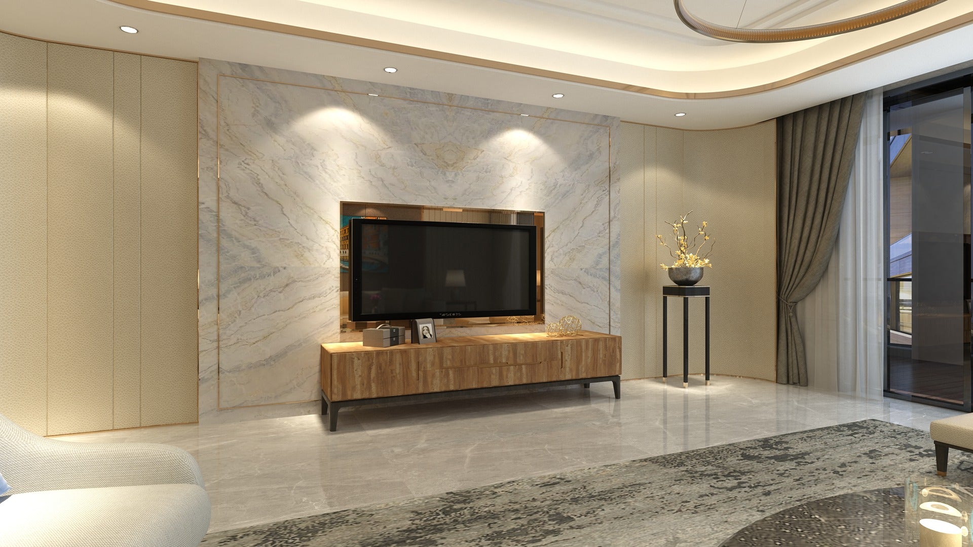 Marble laminate wall with wooden TV stand in modern living room interior with beige textured laminate panelling and marble