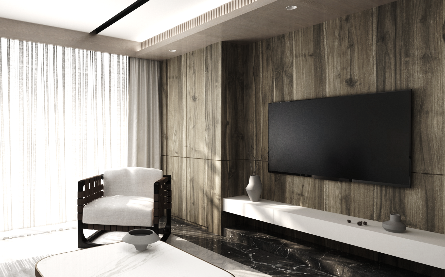 Wood laminate wall with matte finish and wood grain texture in a modern living room setting with minimalist decor